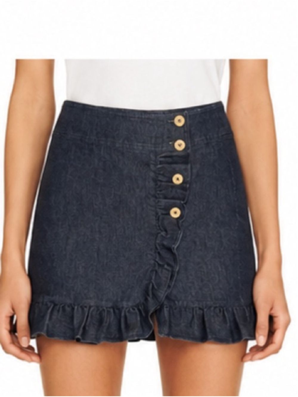 Sandro Dark Gray Ruffled Button-Front Denim Mini Skirt